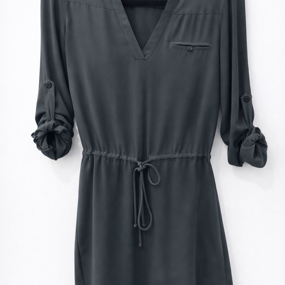 Naked Zebra Slate Gray V-Neck Mini Shirt Dress Tab Sleeve Sexy Chic - Picture 2 of 4